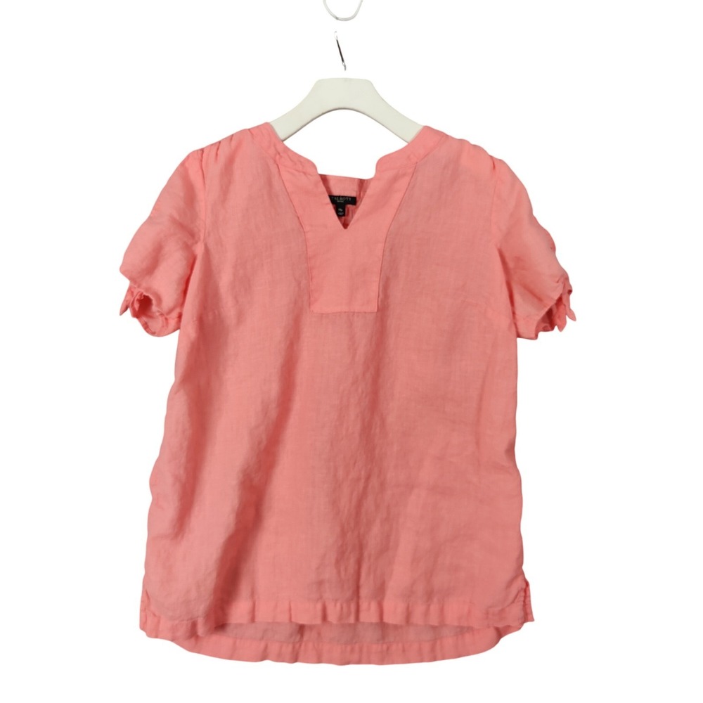 Talbots Women Airy Coastal Cottage 100% Linen Top MP Coral Split Neck Tie Sleeve